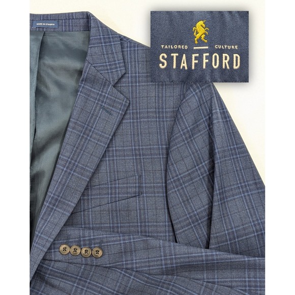 New No Tags Stafford Blazer Sport Coat Suit Jacket Window Pane Wool Blend 46L